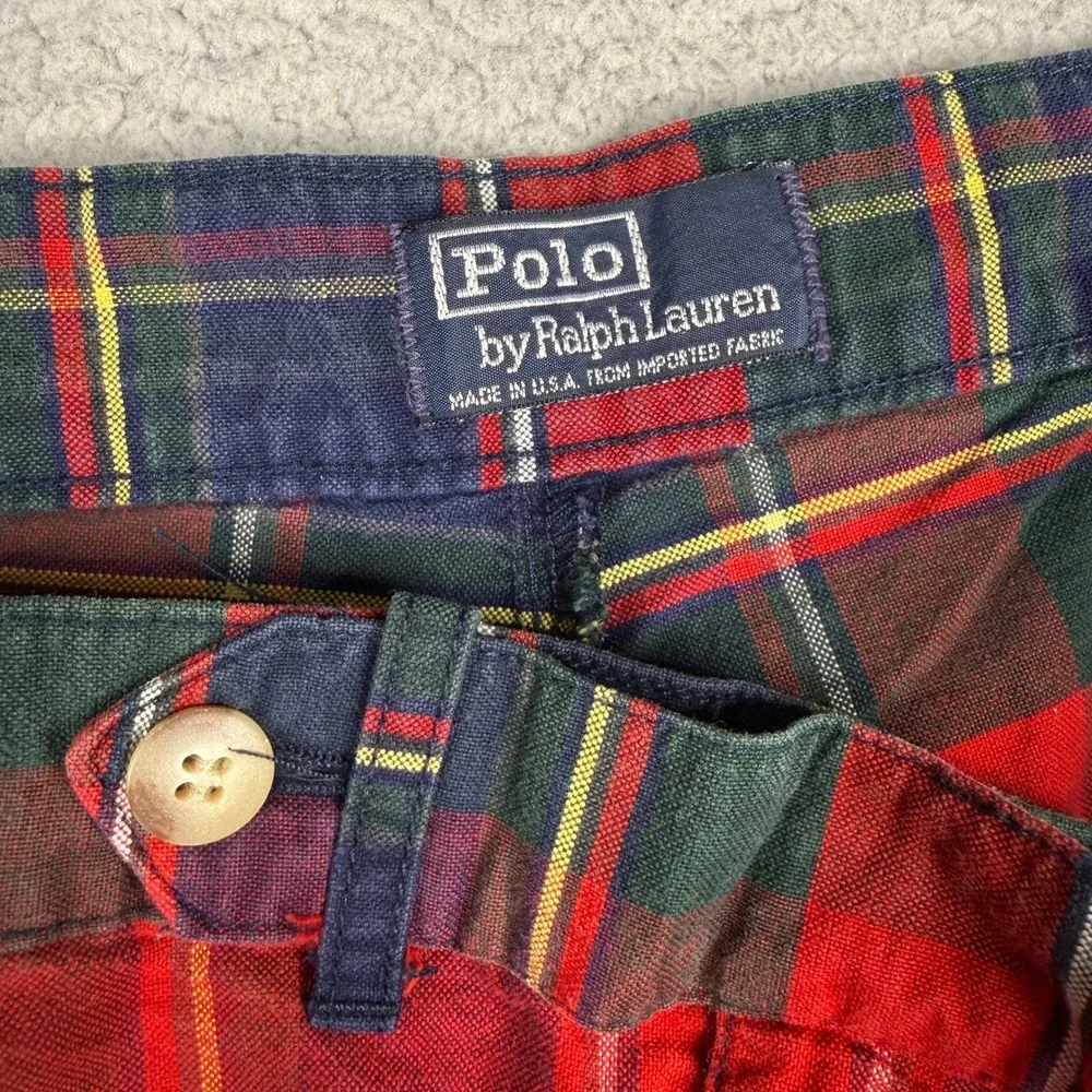VTG Polo Ralph Lauren Shorts Mens 38 Red Tartain Plaid Pleated Chino USA Made